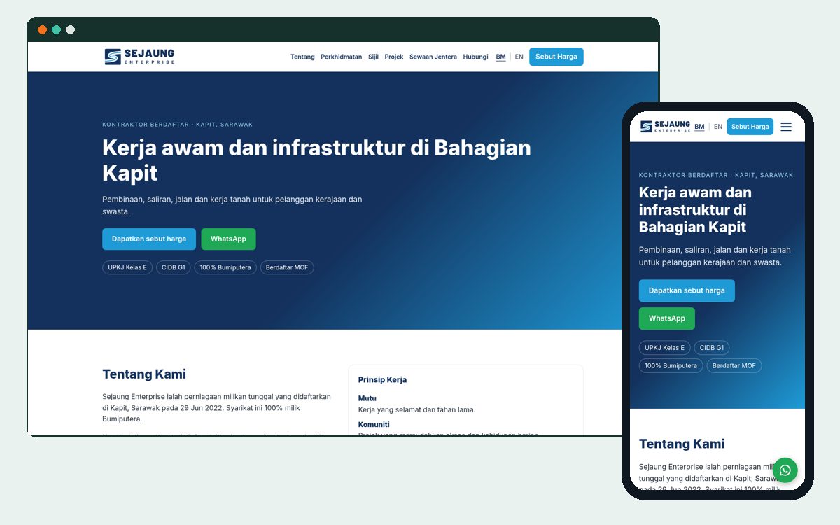 Laman Sejaung Enterprise pada desktop dan telefon